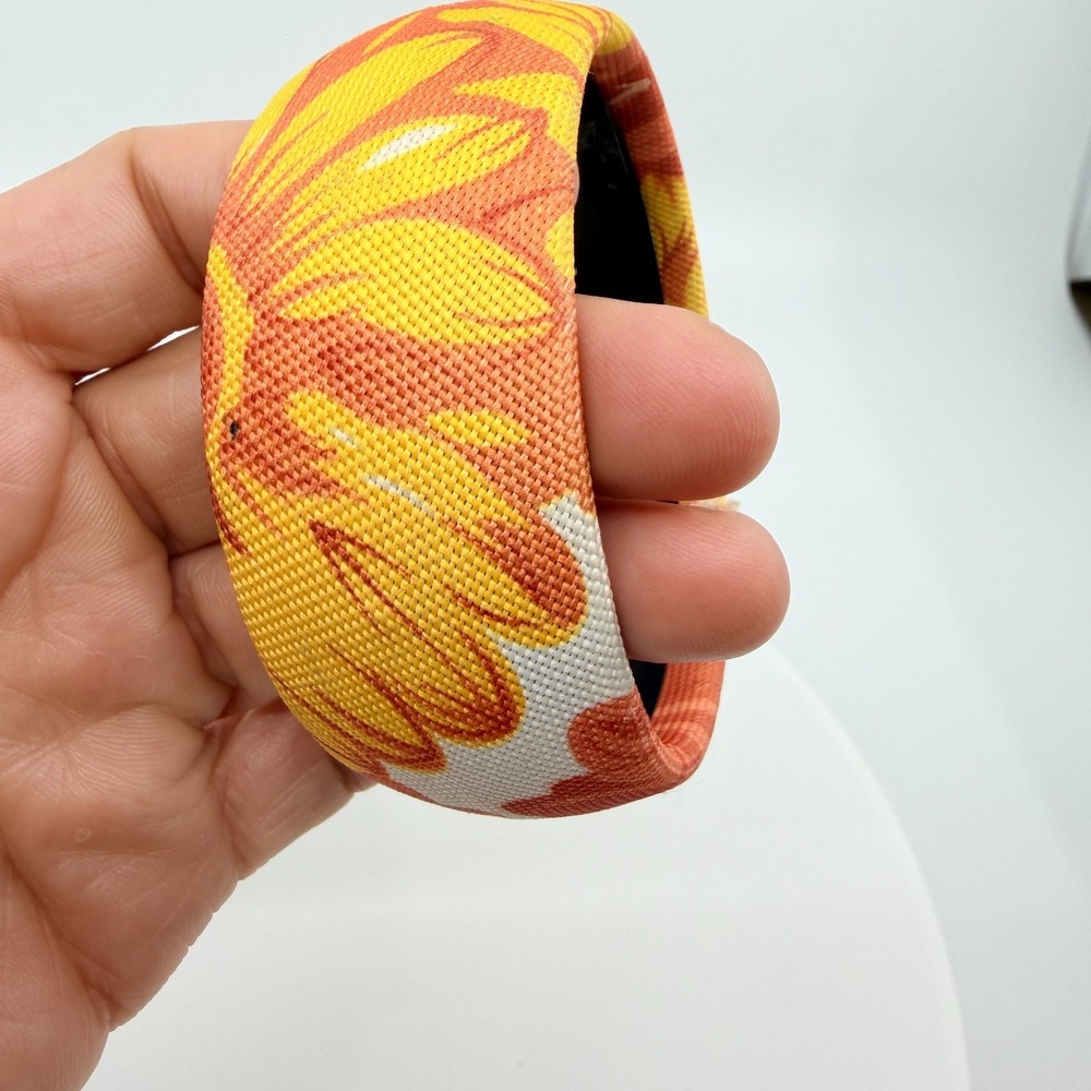 Vintage Retro 70s Orange Yellow White Floral Fabric Wrapped Wide Bangle Bracelet